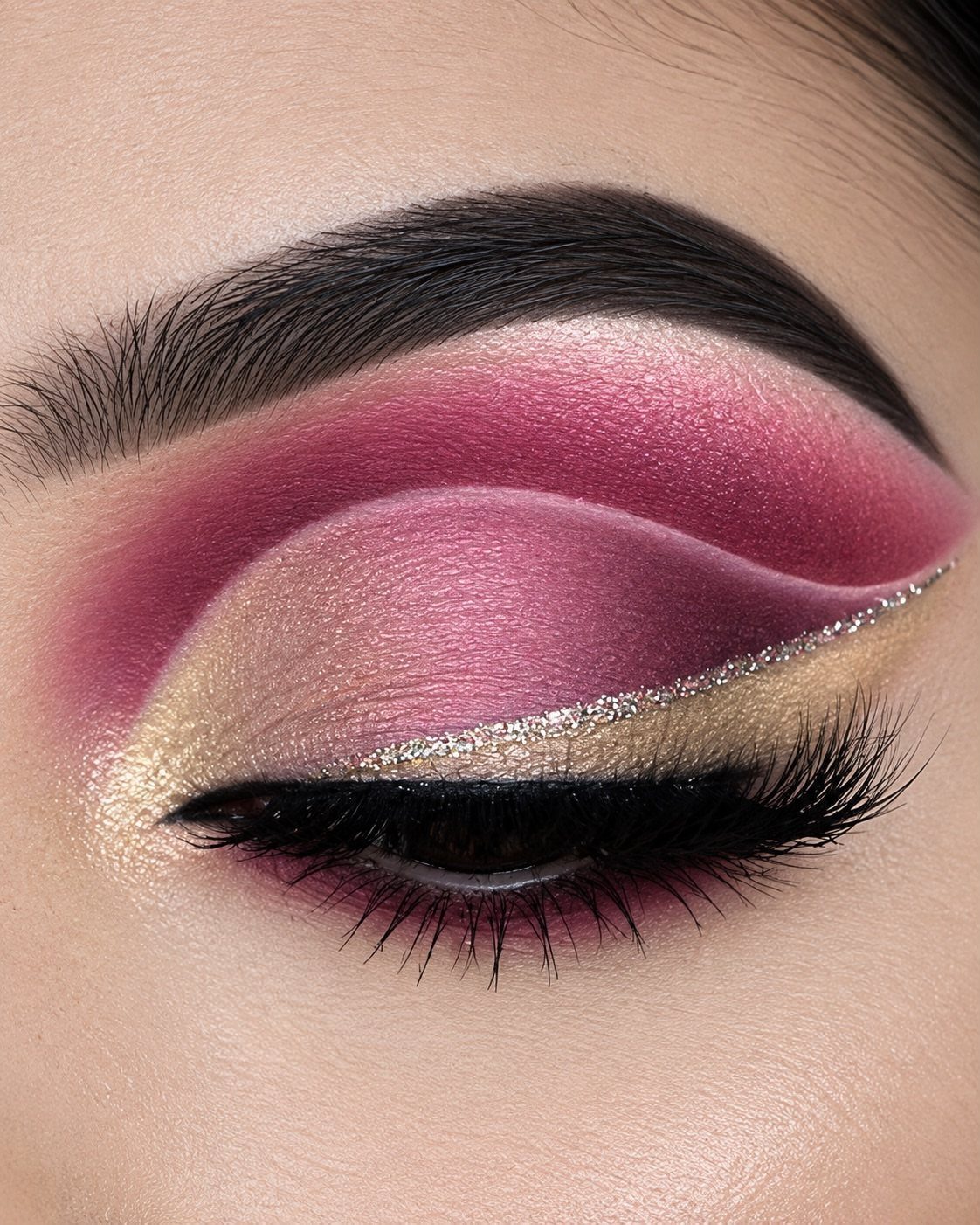 Close-up of eye makeup with pink and gold eyeshadow and silver glitter accents.