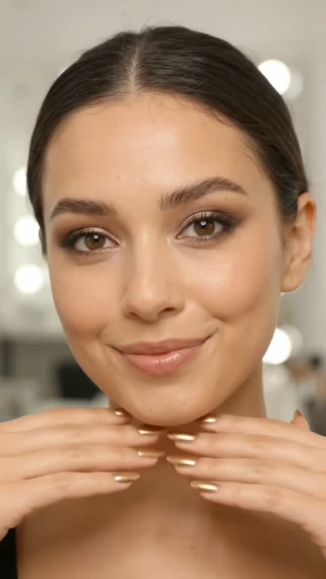 Woman with warm gold and neutral bridal eye makeup and gold nails.