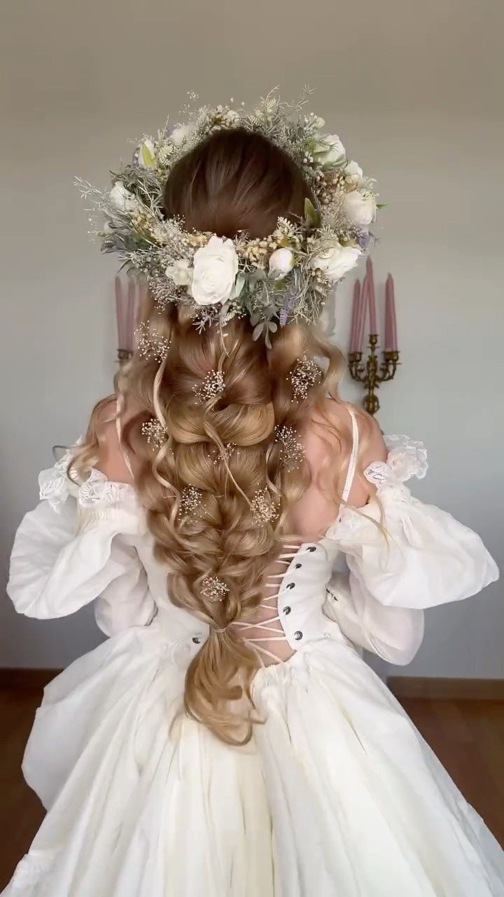 Woman with blonde braided hair wearing a white flower crown and bridal gown