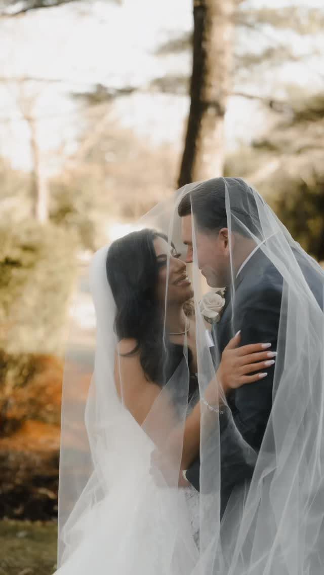 Bride and groom facing each other closely under a sheer white bridal veil outdoors.