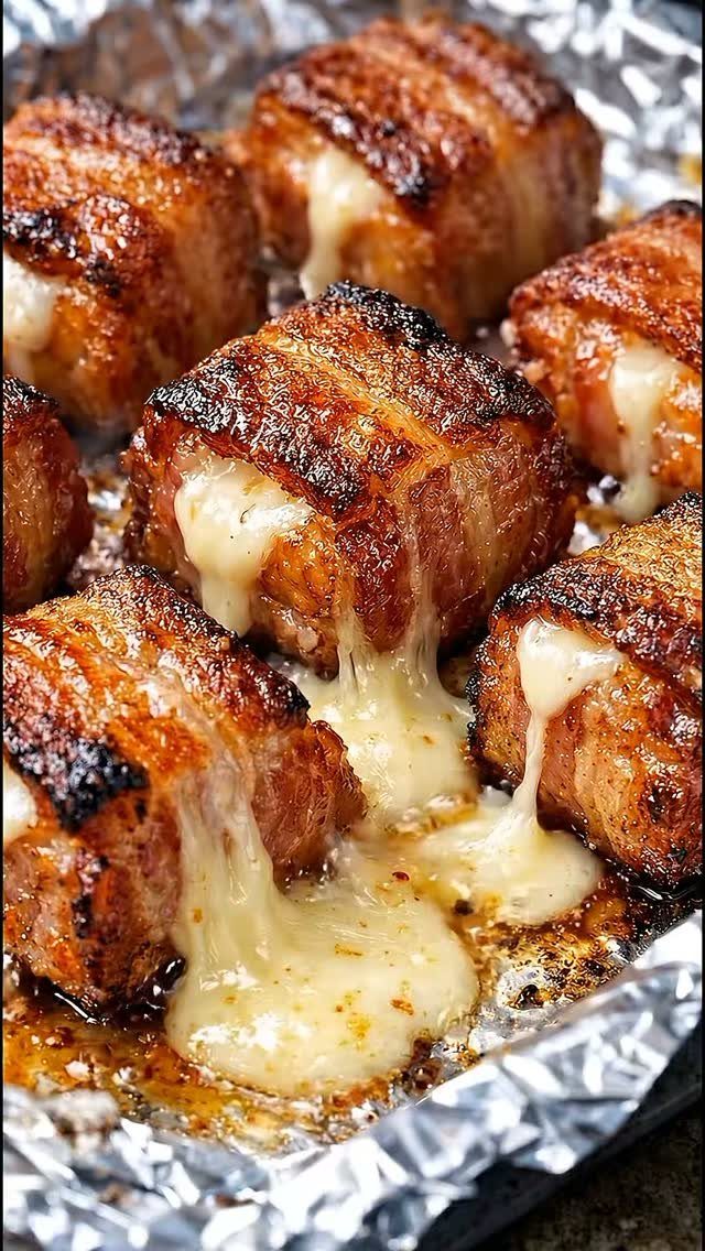 Bacon wrapped meat bites with melted white cheese on aluminum foil.