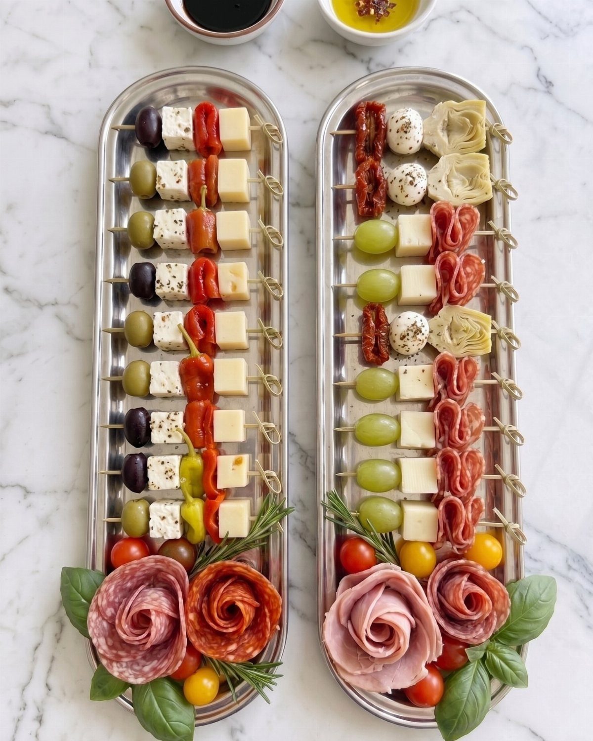 Antipasto skewers with olives, cheese, and tomatoes on silver platters with salami roses.
