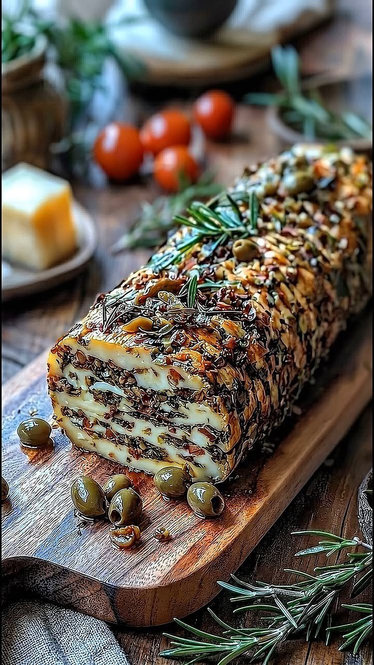 Herb-crusted cheese log on a wooden board with olives and rosemary sprigs