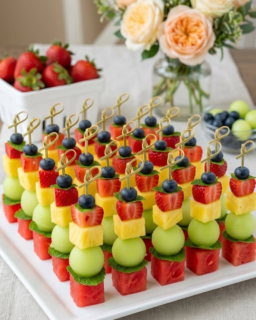 Fruit skewers with watermelon, melon, pineapple, strawberry, and blueberry on a white platter