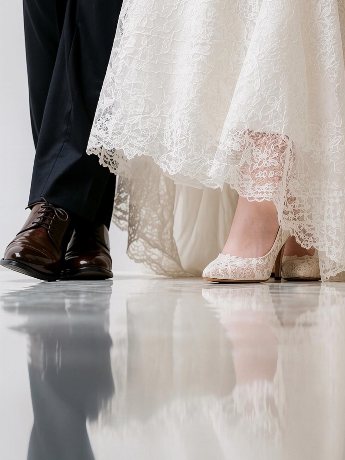 Wedding couple's feet with brown dress shoes and white lace heels on reflective floor