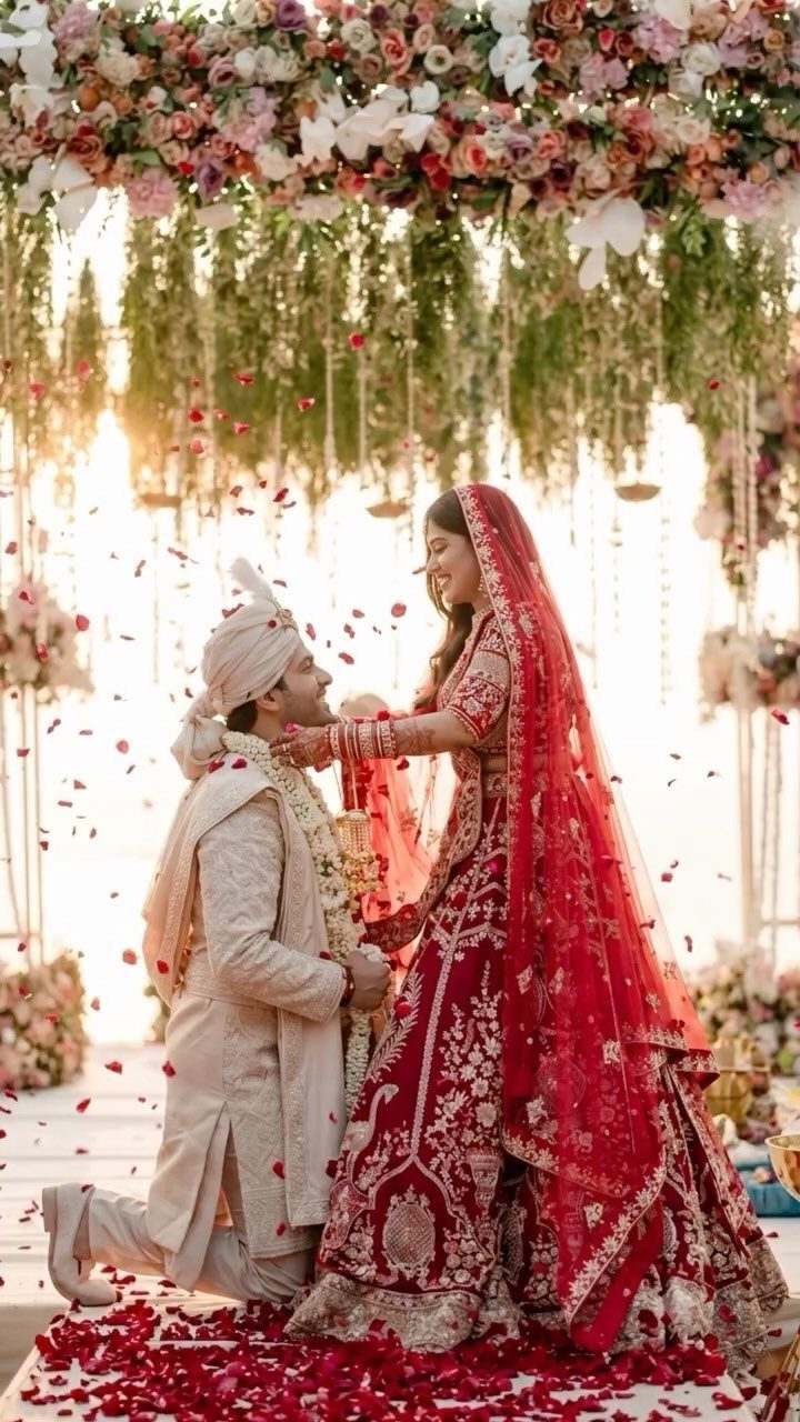 Groom kneeling before bride in traditional Indian wedding attire under floral canopy