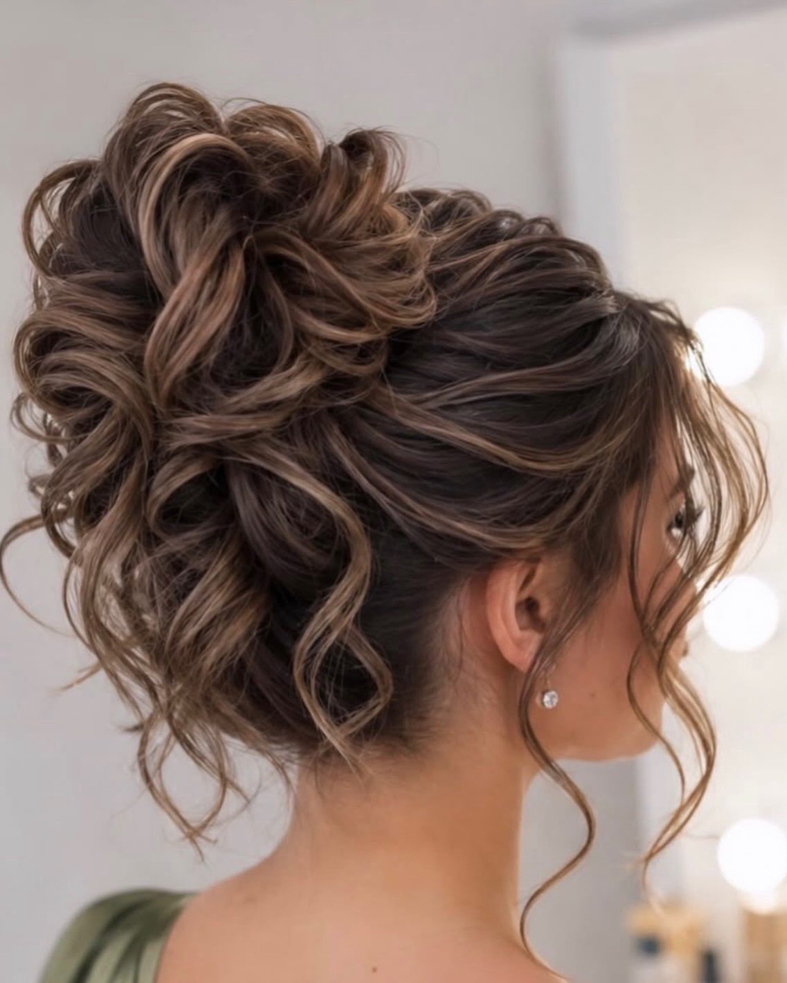 Brown curly hair styled in a voluminous high bun with loose face-framing tendrils.