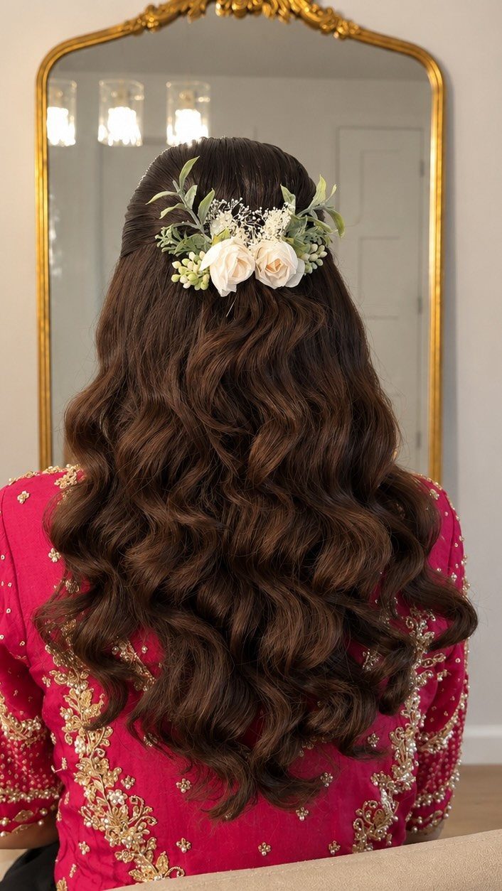 Long dark brown loose curls adorned with a white floral headband and greenery.