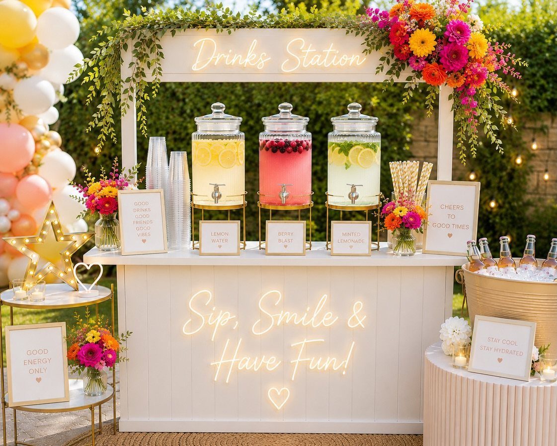 White outdoor drinks station with three beverage dispensers and colorful floral decorations.