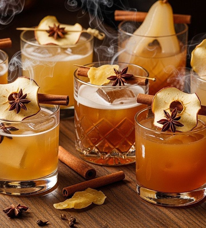 Amber cider cocktails garnished with apple slices, star anise, and cinnamon sticks.