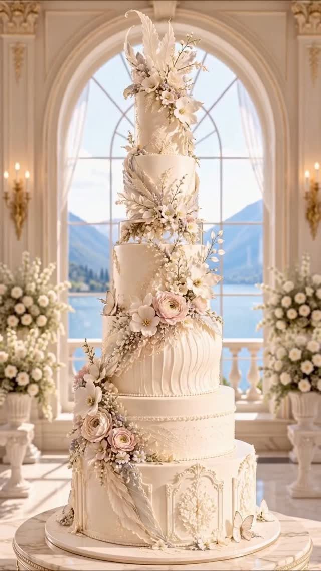 Multi-tiered white wedding cake adorned with pale pink and white floral decorations.