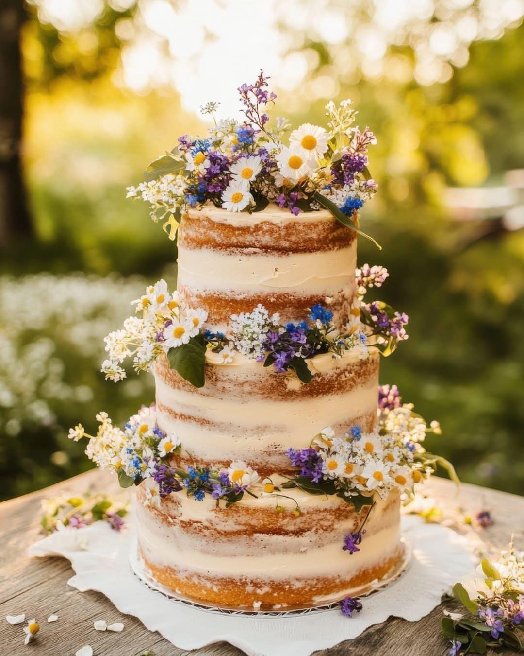 Three-tier semi-naked wedding cake decorated with fresh daisies and purple wildflowers outdoors.