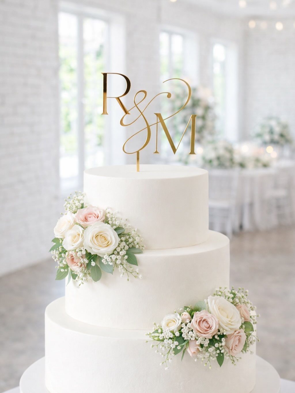 Three-tier white wedding cake with pink roses and a gold monogram cake topper.