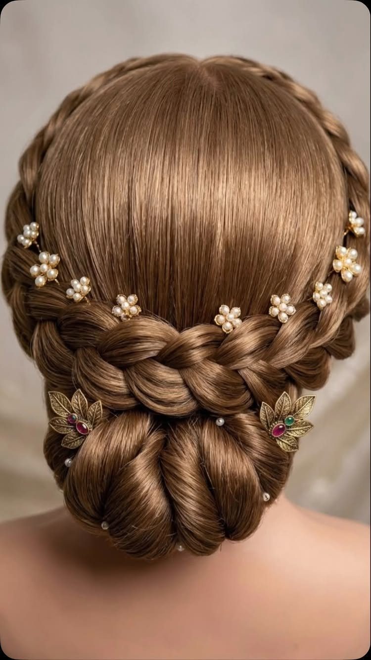 Intricate braided updo with a low bun and pearl flower hair accessories.