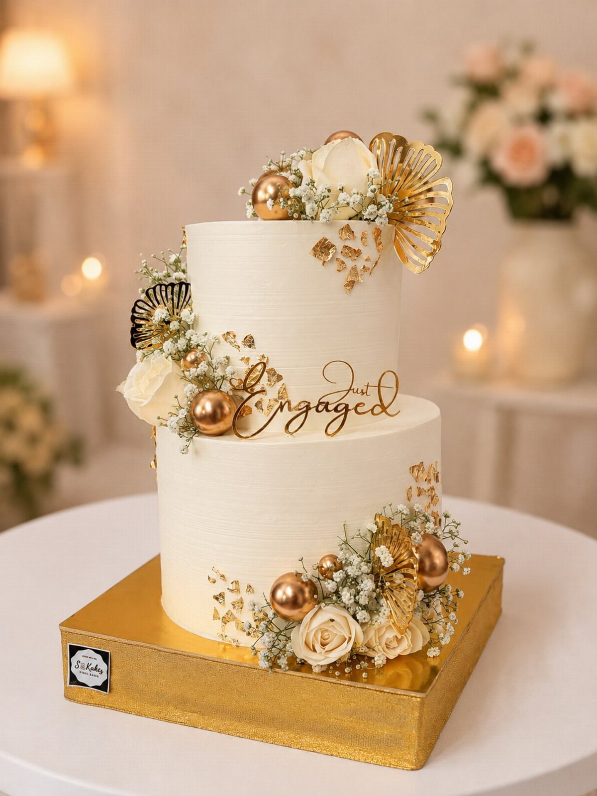 Two-tier white engagement cake with gold leaf, white roses, and Just Engaged topper.