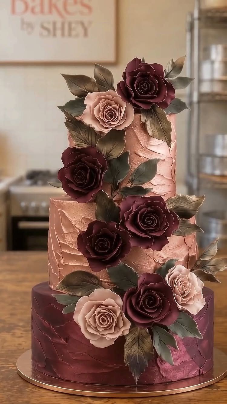 Three-tier copper and burgundy wedding cake decorated with roses and dark green leaves.