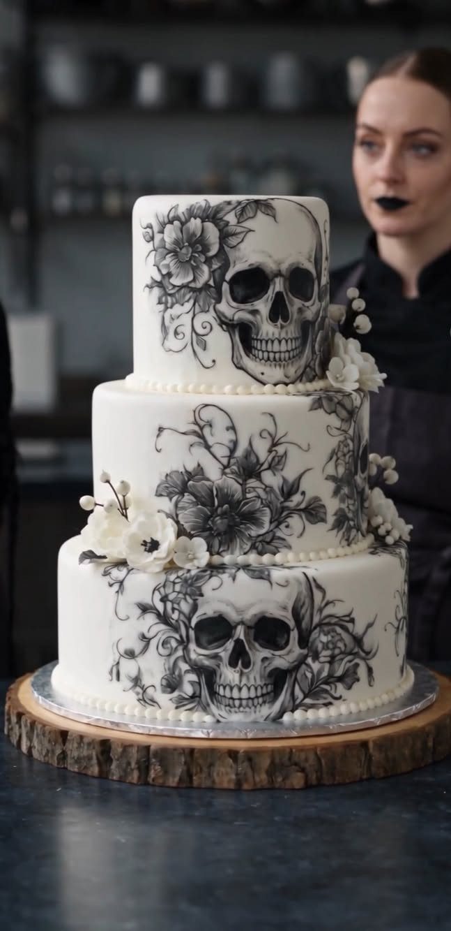 Three-tier white wedding cake featuring black skull and floral illustrations on wooden base