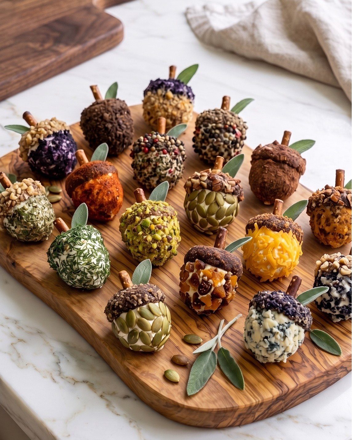 Acorn-shaped cheese balls with pretzel stems and leaves on a wooden board.