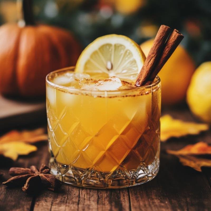 Yellow cocktail in a crystal glass garnished with lemon and cinnamon sticks.
