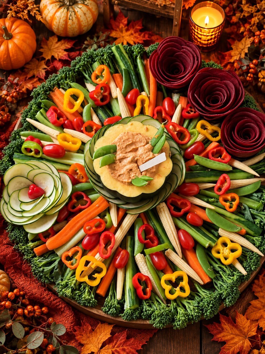 Vegetable platter with seasonal raw vegetables and dip surrounded by autumn leaves and pumpkins