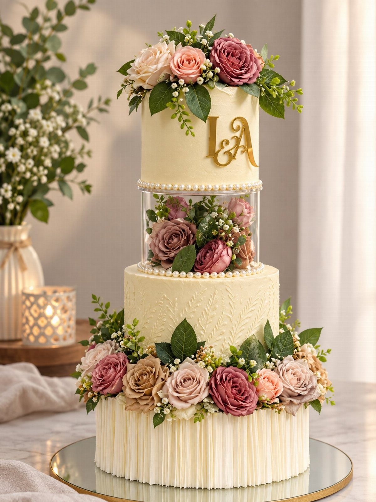 Three-tiered white wedding cake topped with a lush arrangement of pink and peach roses.