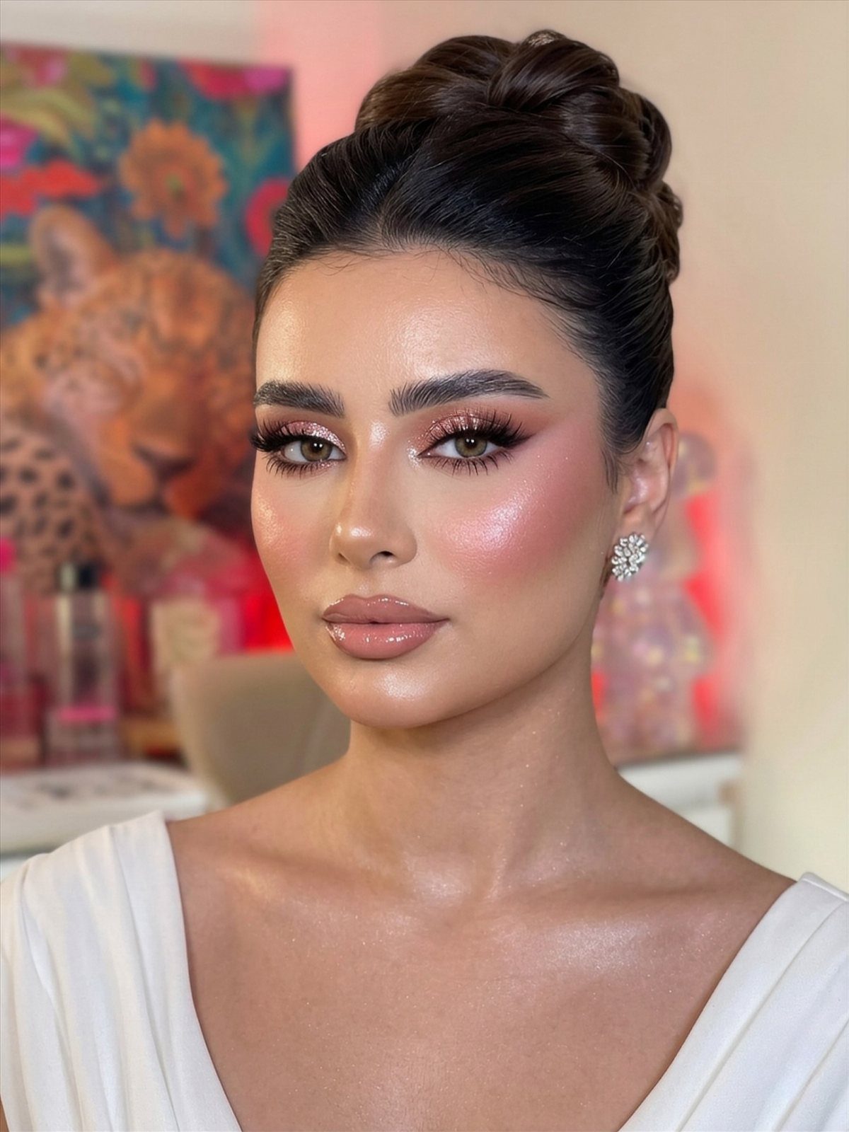 Woman with high bun and full glam bridal makeup wearing a white dress