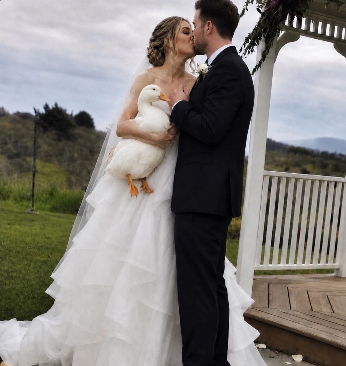 Bride and groom kissing while the bride holds a large white duck.