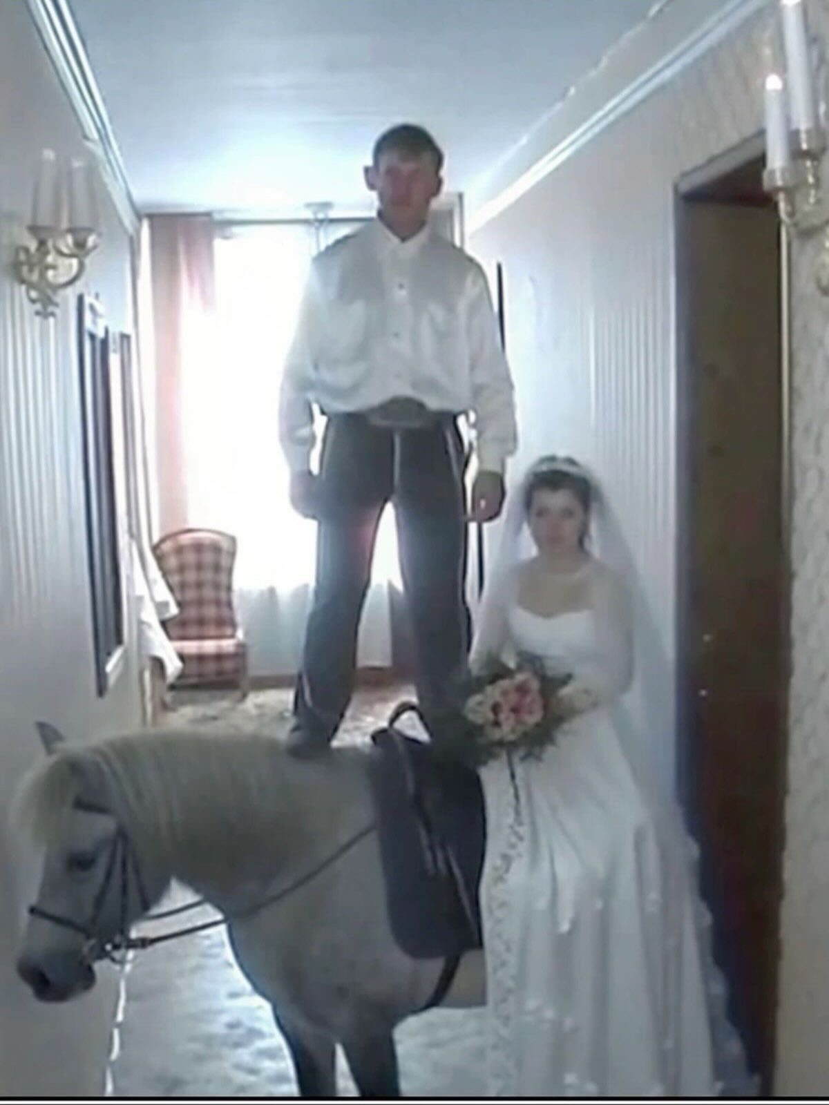 Groom standing on a white pony next to a bride in a hallway