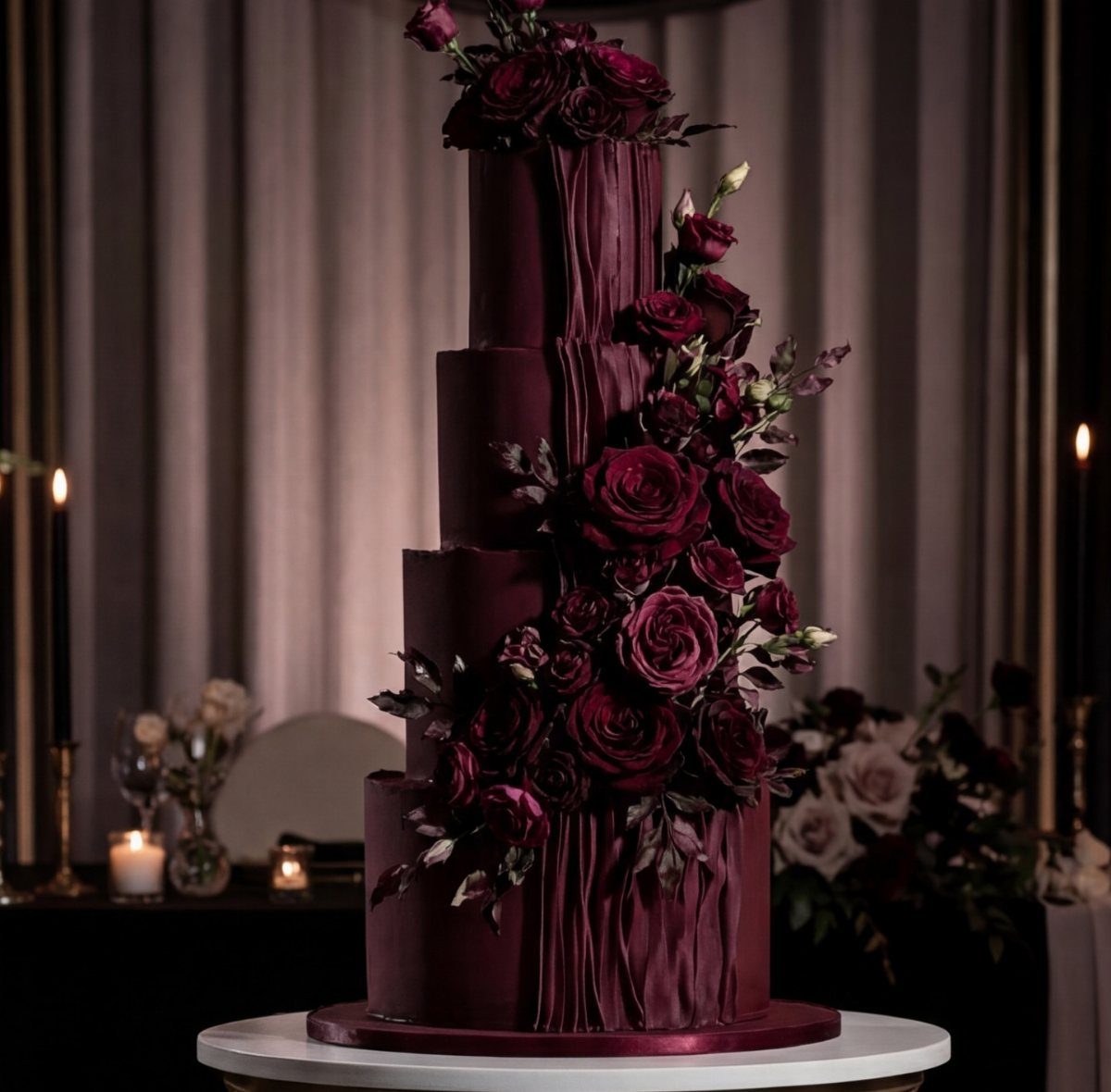 Deep burgundy four-tier wedding cake adorned with cascading dark red roses and textures.