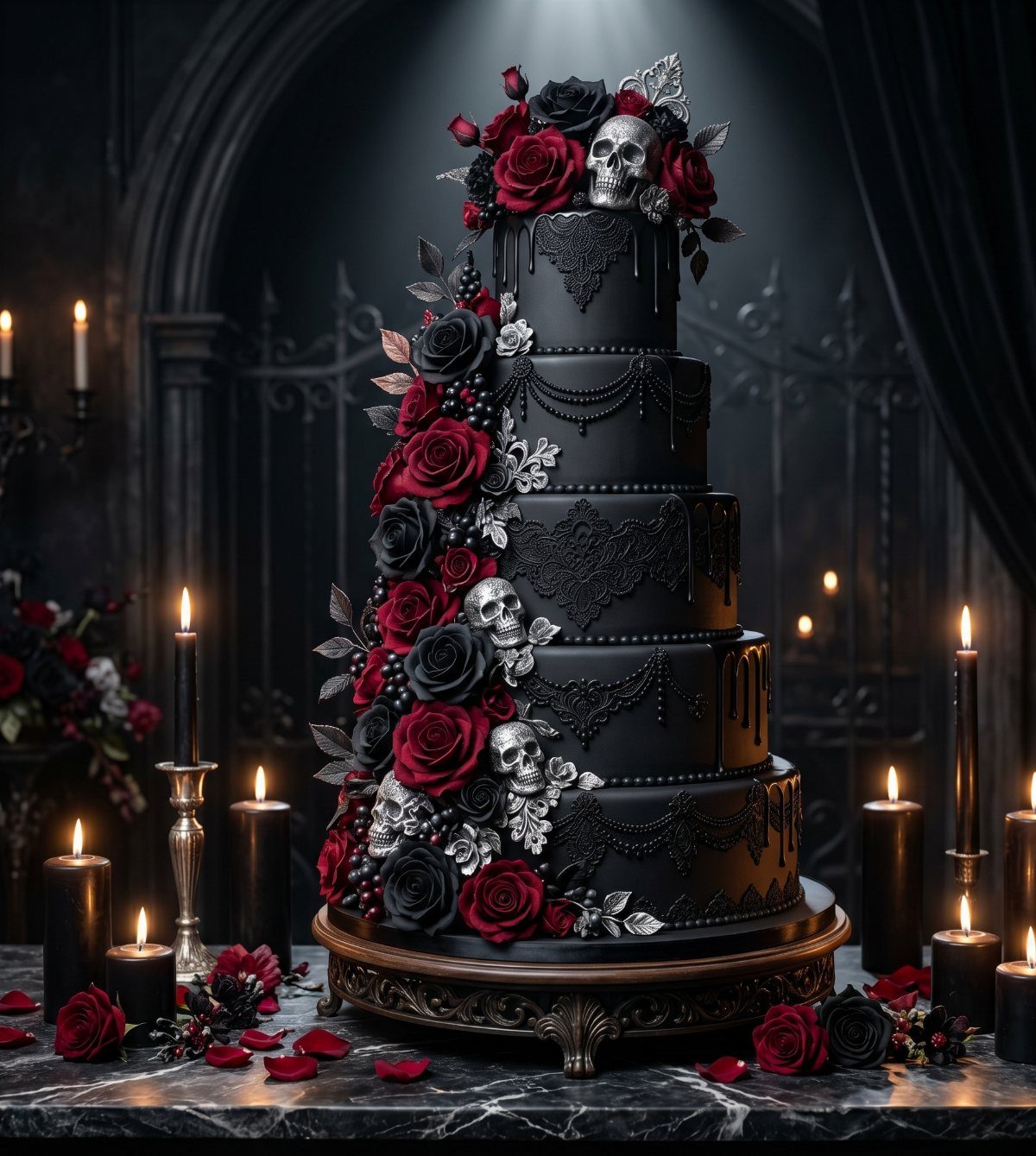 Black multi-tiered gothic wedding cake with red roses, silver skulls, and dripping icing.