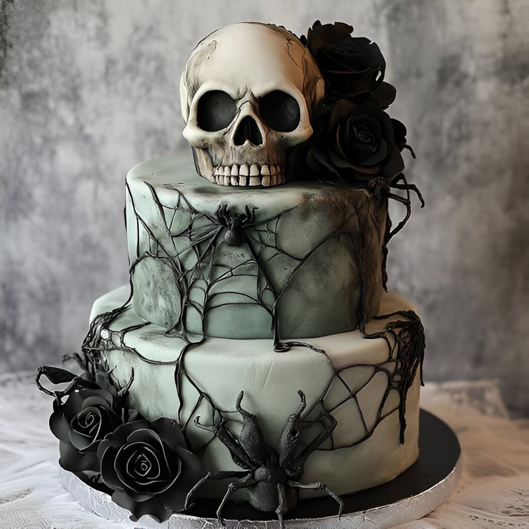 Gothic two-tier cake with a skull, black roses, and spiders on grey frosting.
