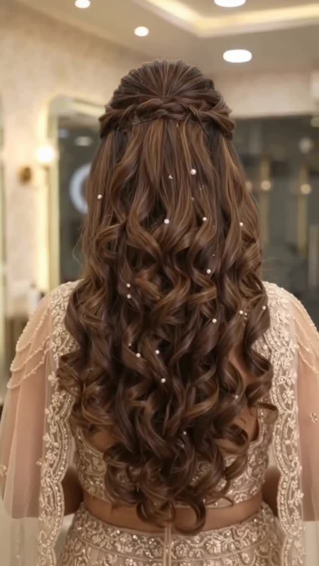 Long brown curly hair with pearls and a half-up braided bridal hairstyle.