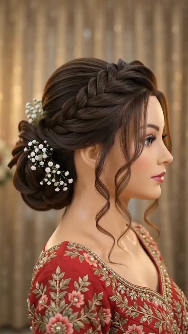 Woman with a braided bridal bun adorned with small white flowers and loose curls.