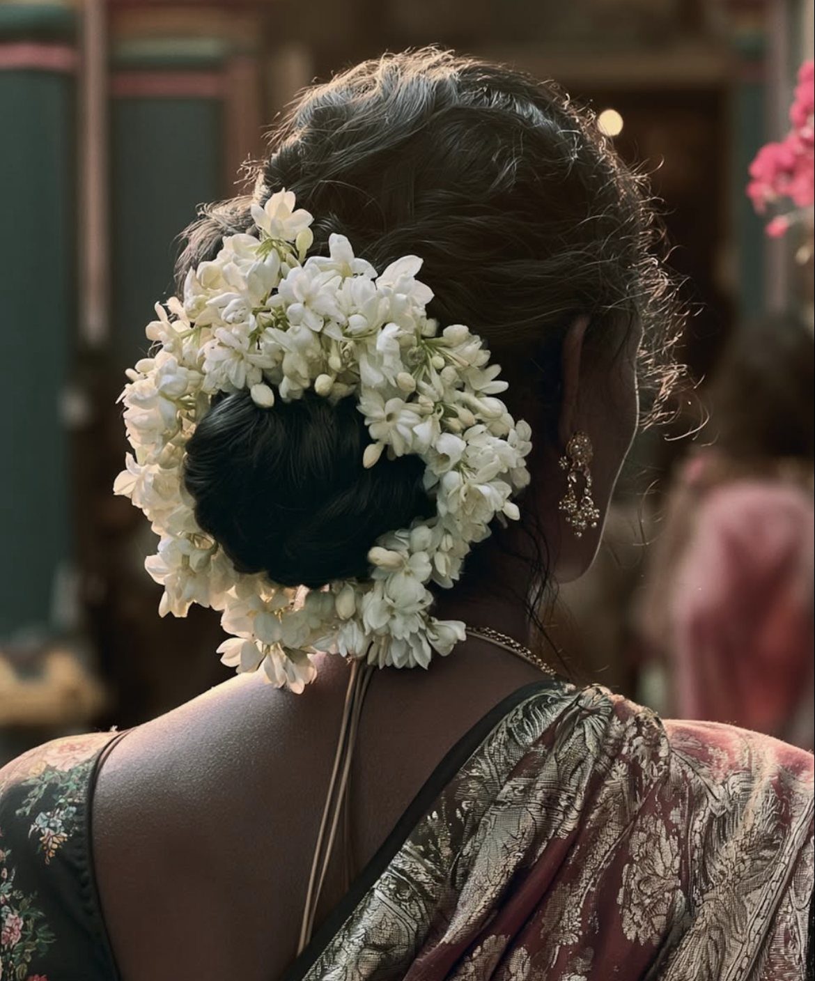 Woman's hair bun decorated with a traditional white jasmine flower garland and saree.
