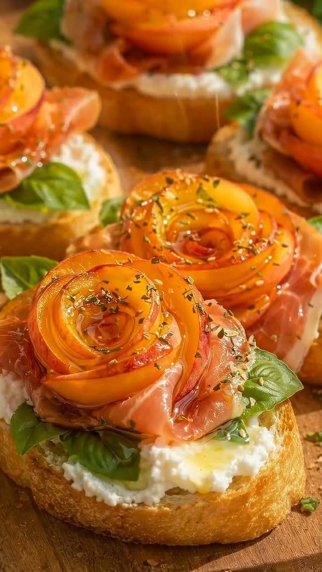 Bruschetta topped with ricotta, prosciutto, and tomato roses on toasted baguette slices.