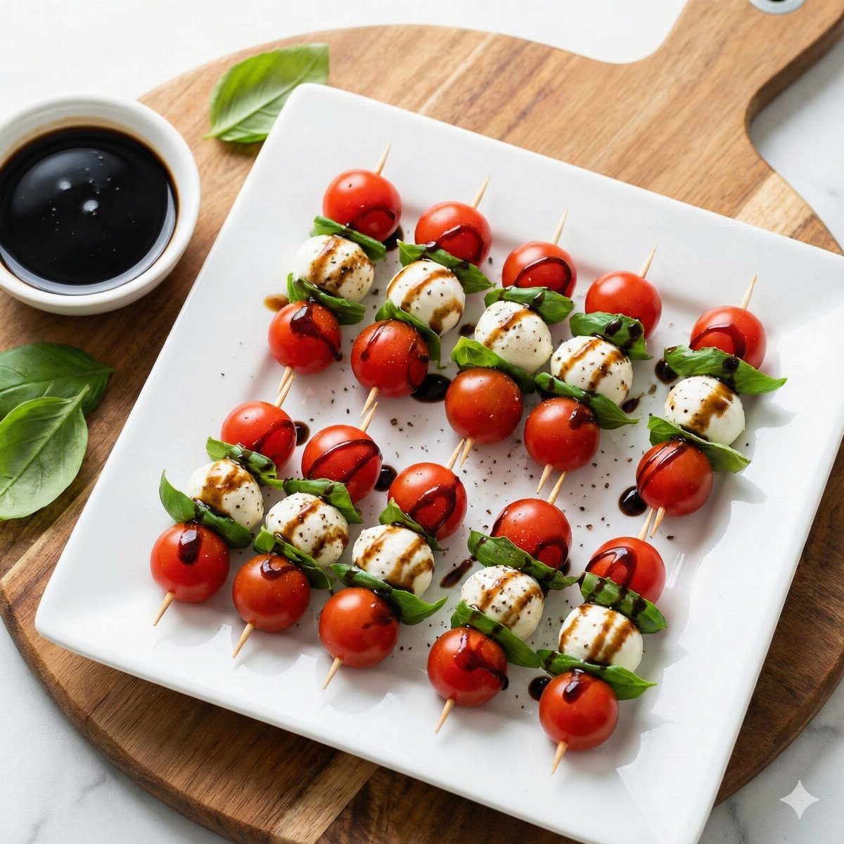 Mini caprese skewers with cherry tomatoes, mozzarella, and basil on a white plate.