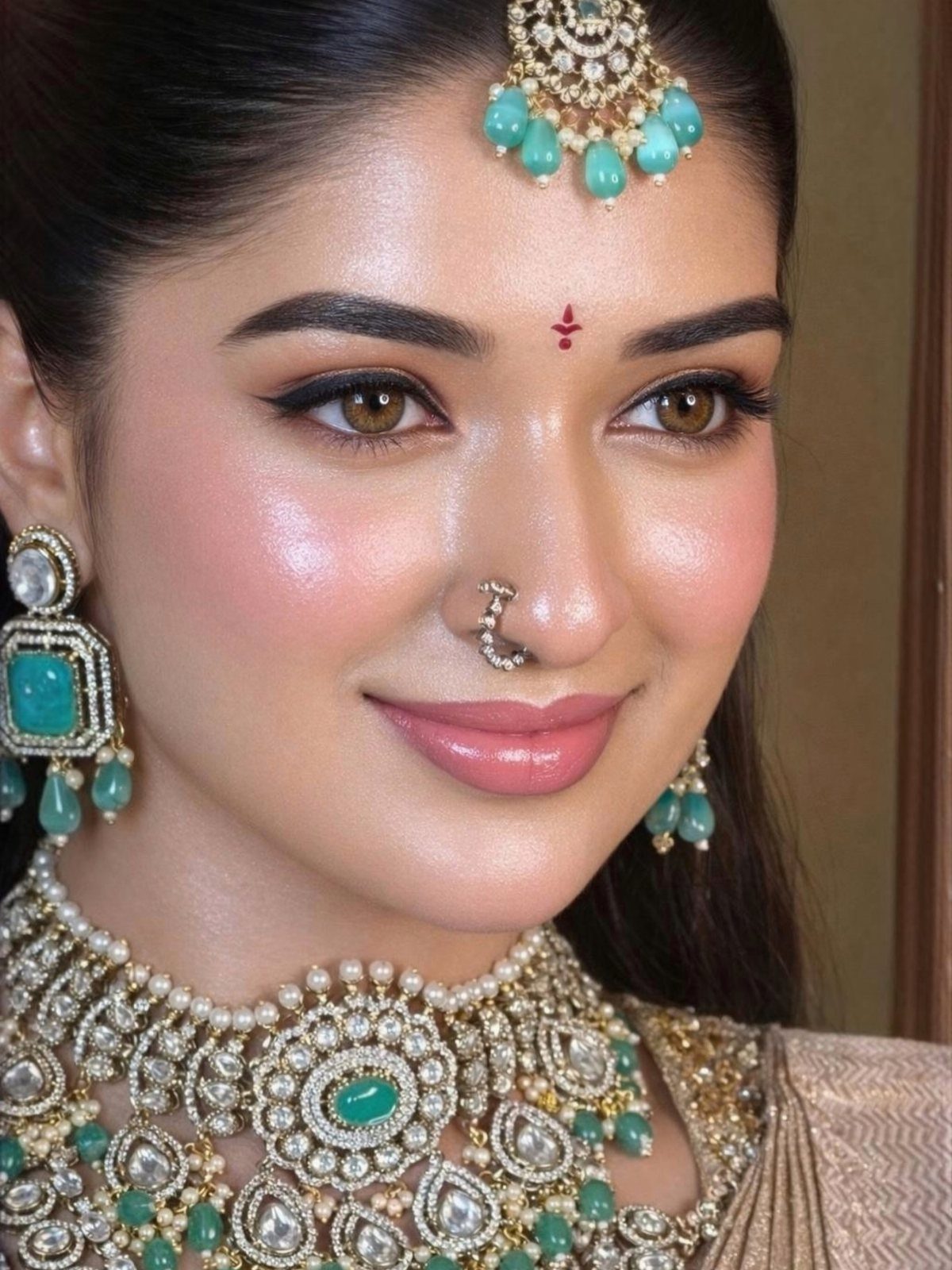 Woman with natural wedding makeup wearing traditional gold and green gemstone bridal jewelry