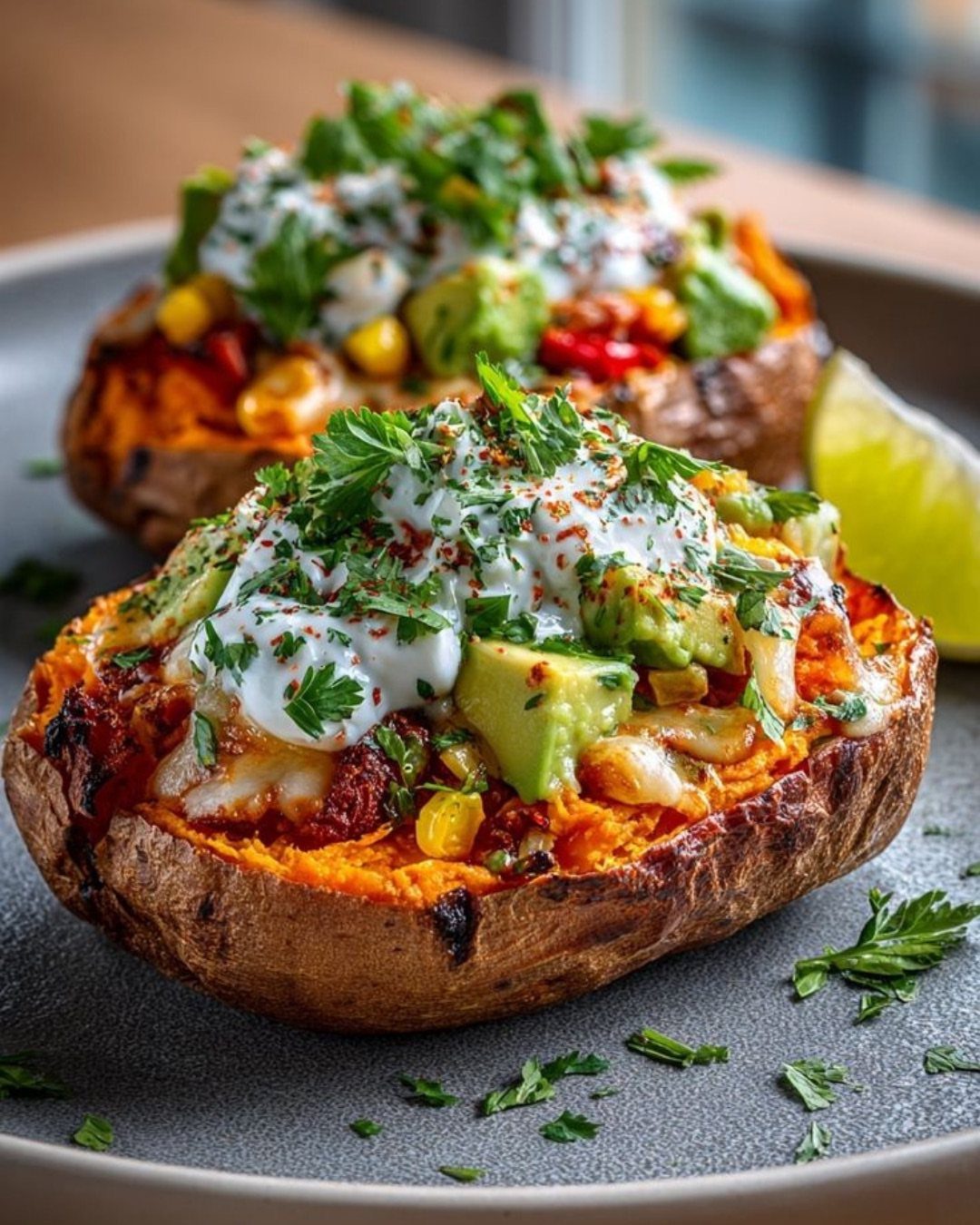 Stuffed baked sweet potatoes with avocado, corn, cream, and cilantro on a grey plate.