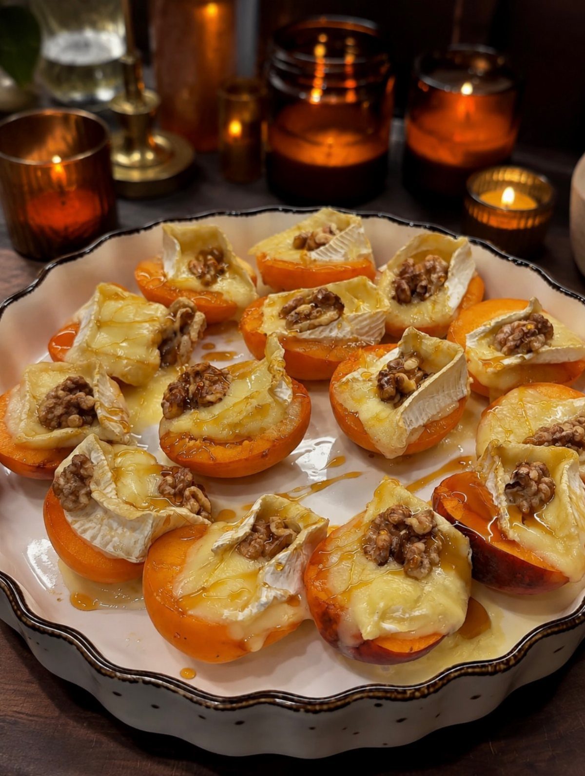 Baked apricot halves with melted brie and walnuts on a white platter