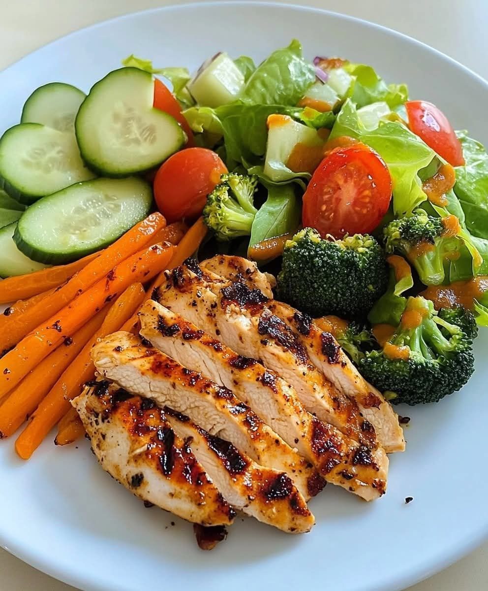 Sliced grilled chicken breast served with roasted carrots and a fresh garden salad.