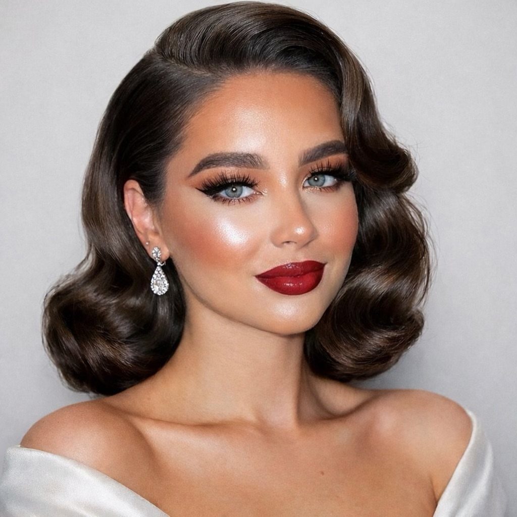 Woman with bold winged eyeliner, classic red lips, and brown wavy hair.