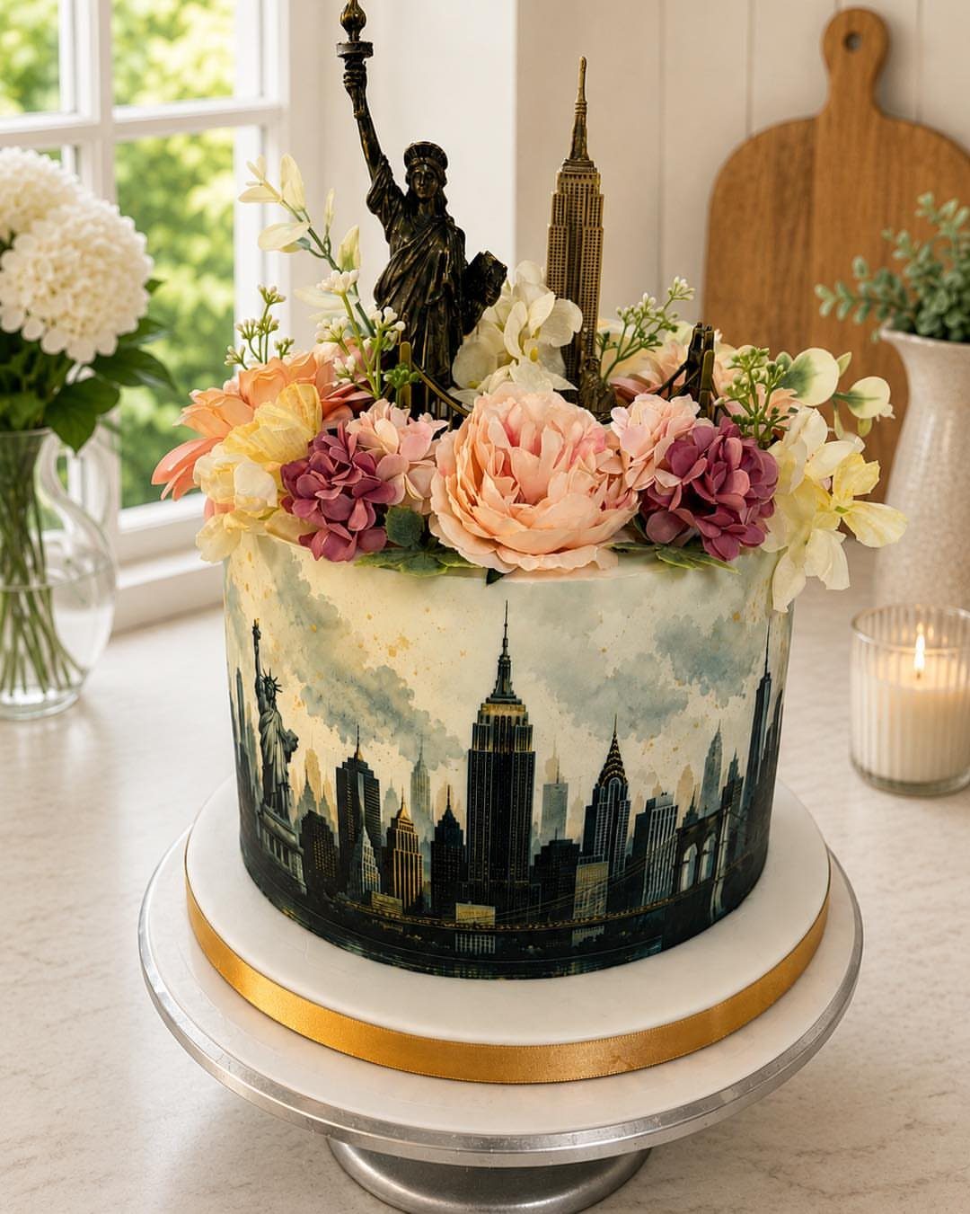 New York City themed cake with Statue of Liberty and Empire State Building toppers.
