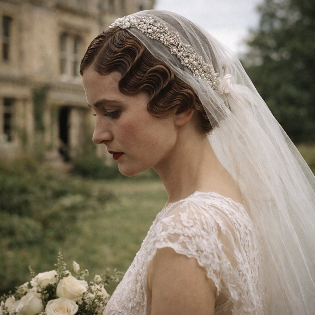 Bride with sculpted finger waves hair, beaded headpiece, and white lace wedding dress.