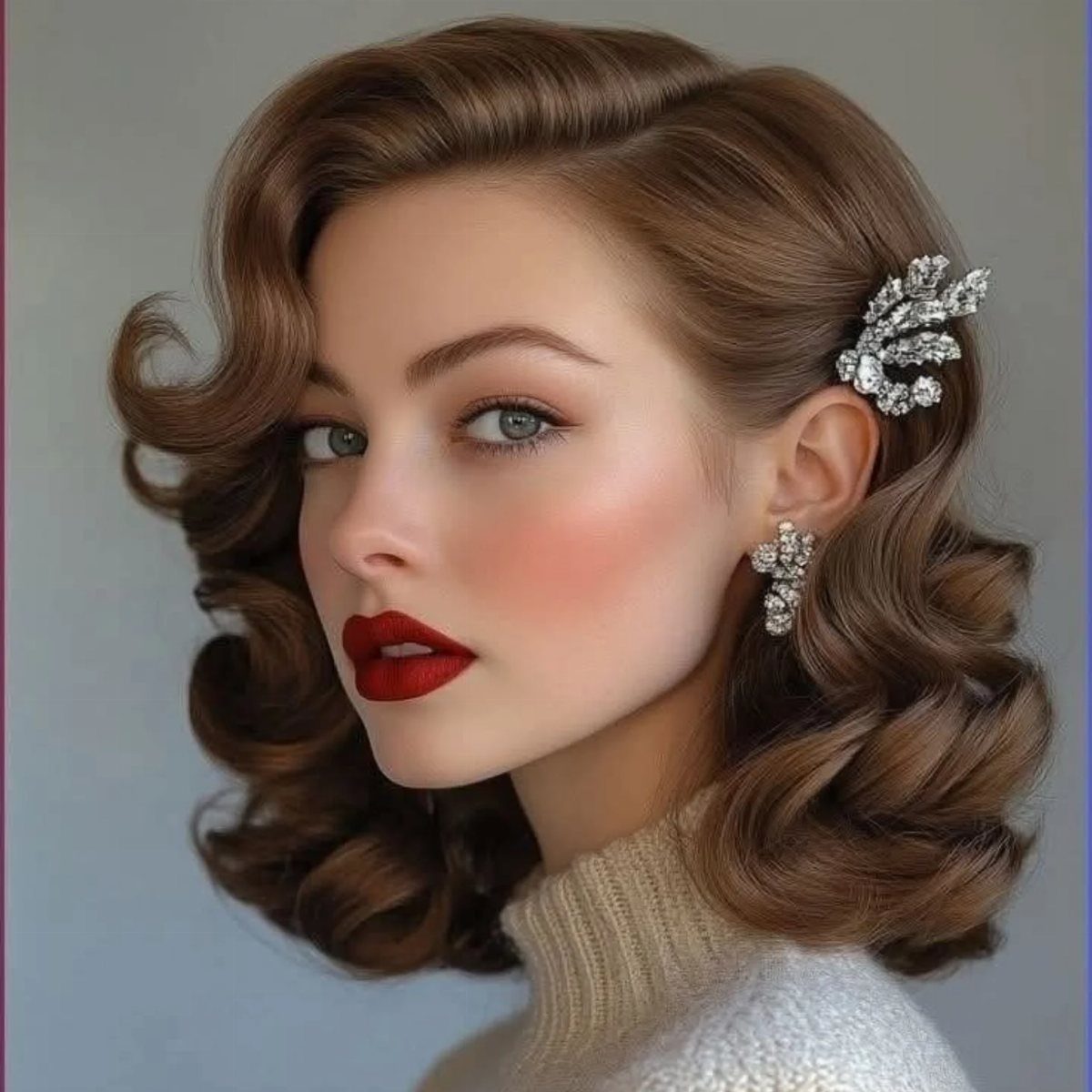 Woman with a vintage curled bob hairstyle and sparkling leaf hair accessory.
