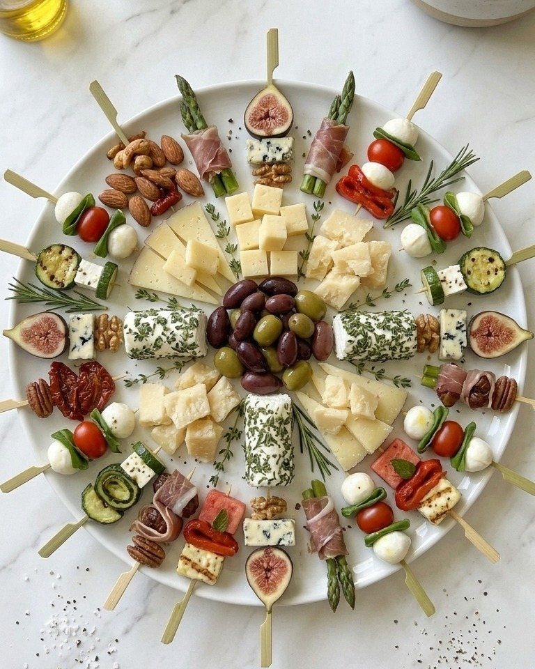Assorted cheese platter with olives, figs, and caprese skewers on a white plate.