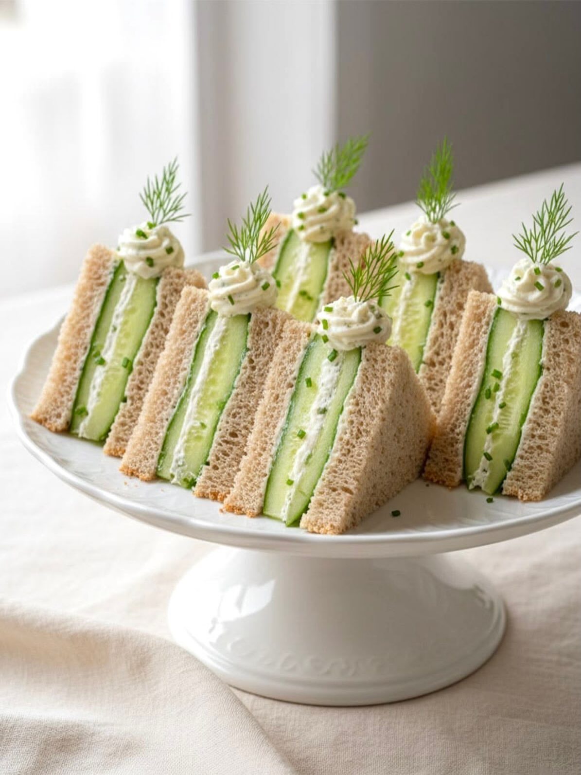 Cucumber tea sandwiches with cream cheese and dill on a white cake stand.