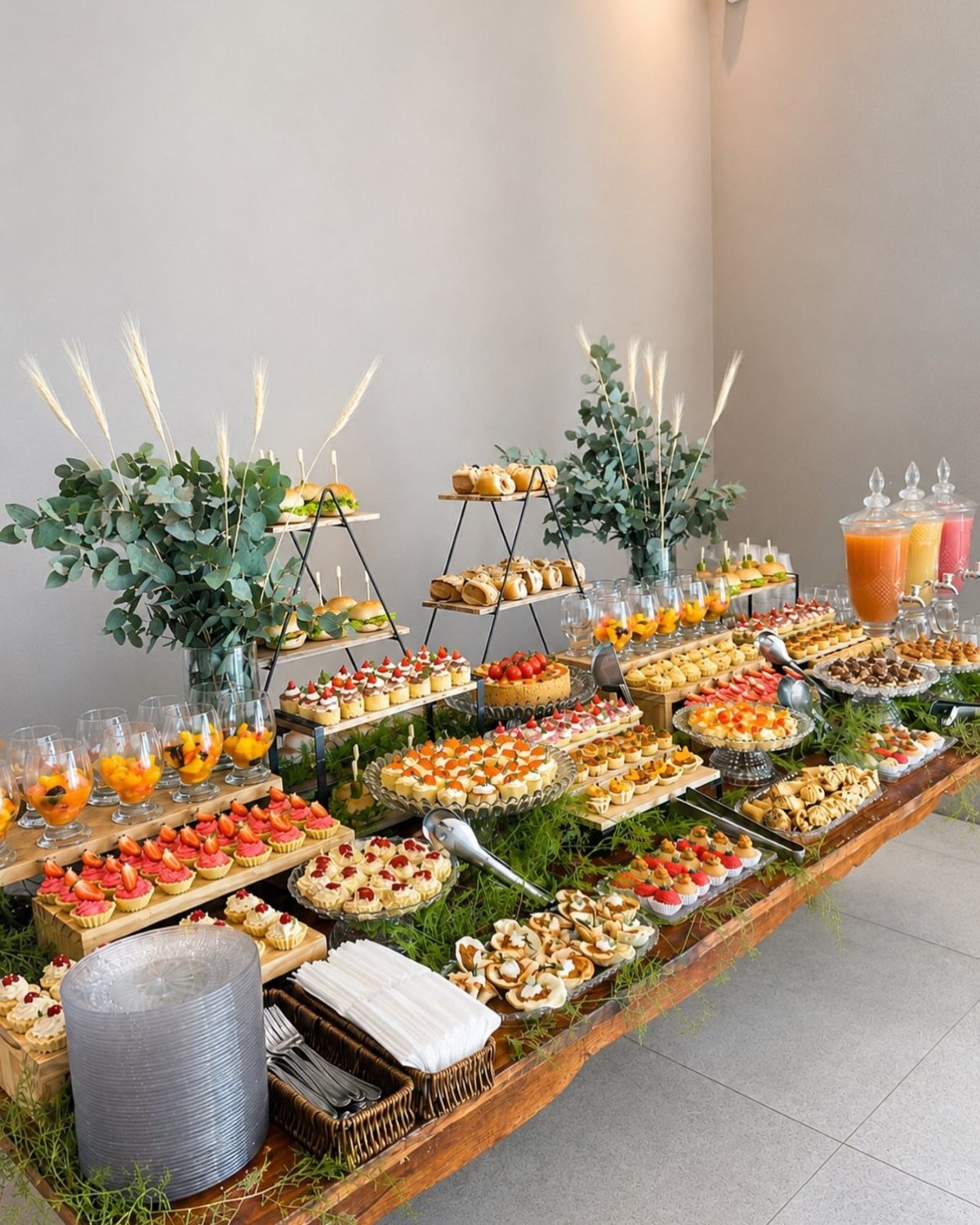Appetizer grazing table with various small bites and decorative eucalyptus greenery accents.