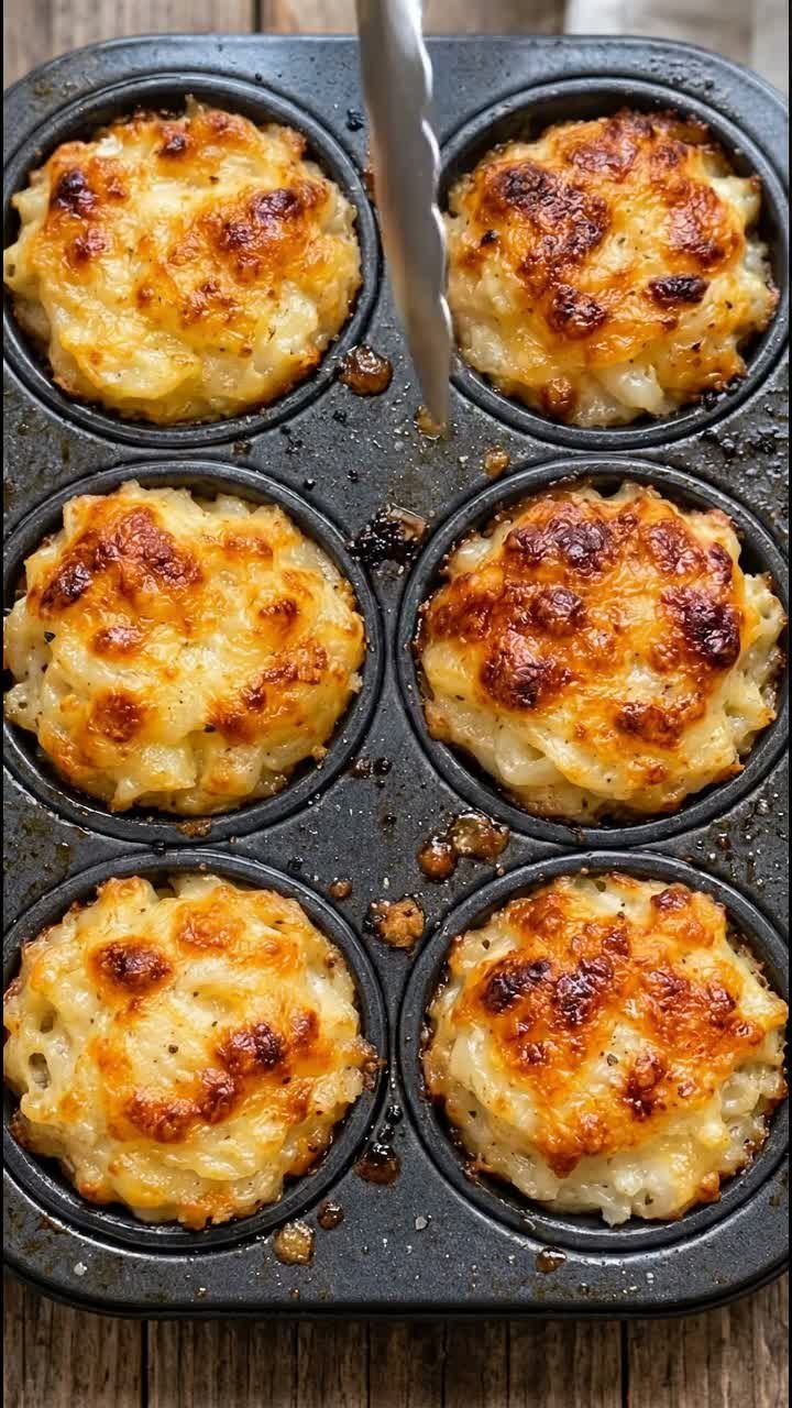 Baked macaroni and cheese bites with toasted cheese in a dark muffin tin.