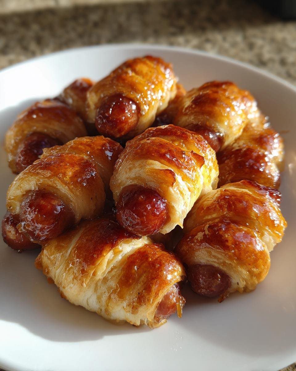 Pigs in a blanket on a white plate over a granite surface.