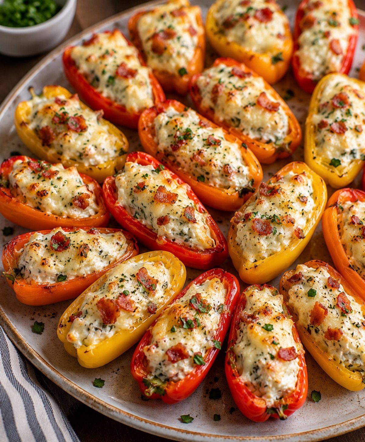 Stuffed mini peppers with creamy cheese and bacon on a ceramic platter.